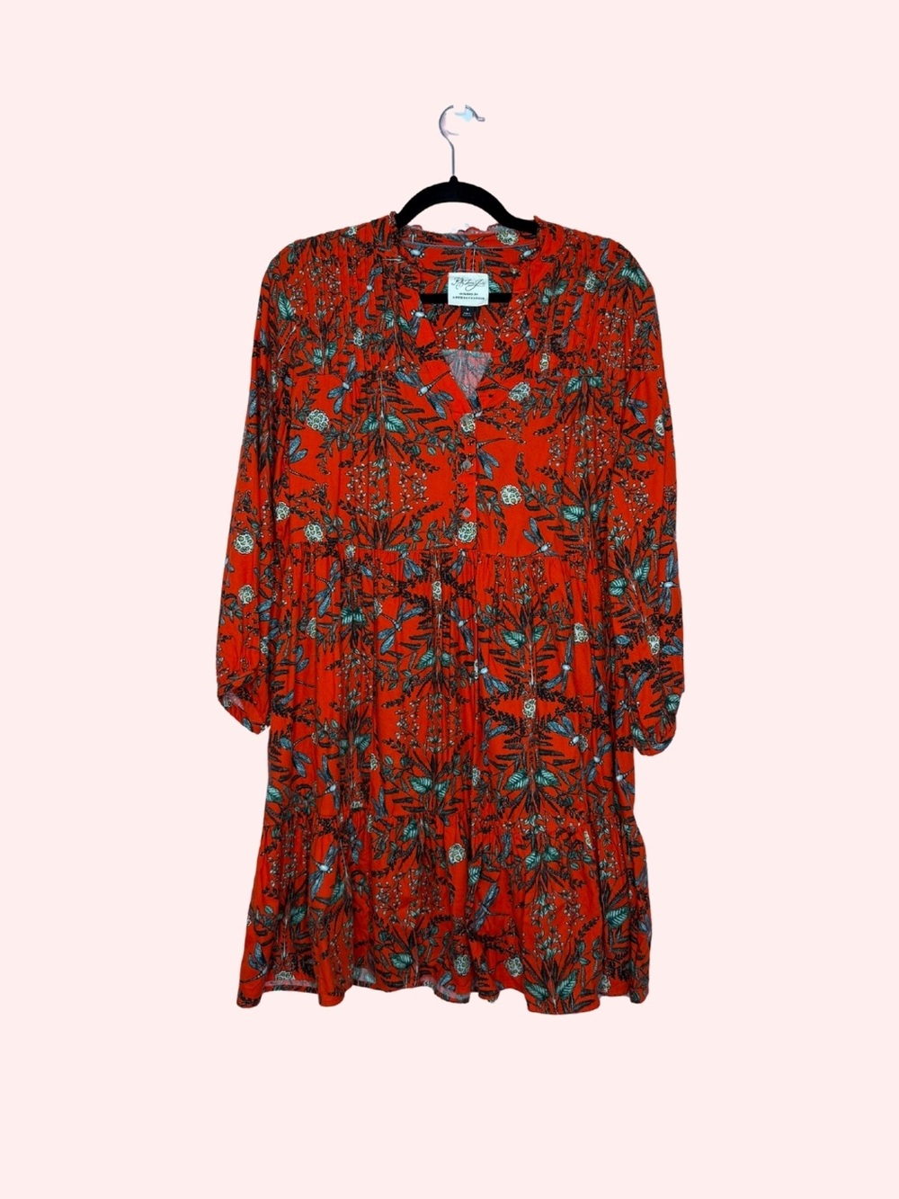 Floral Red Long-Sleeve Tiered Dress